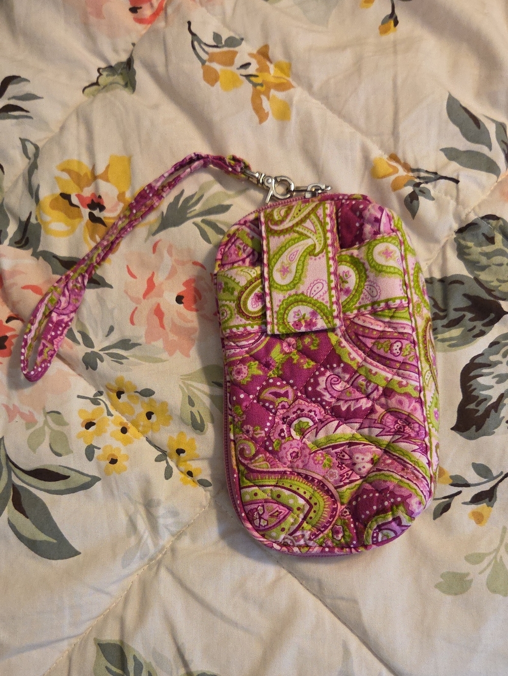 Stephanie Dawn Quilted Pink & Green Paisley Wristlet Phone Pouch